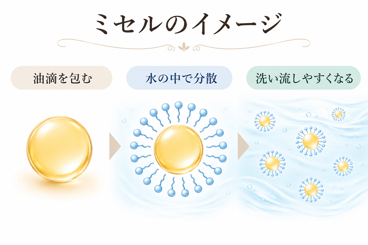 界面活性剤の親水基と疎水基を説明する模式図