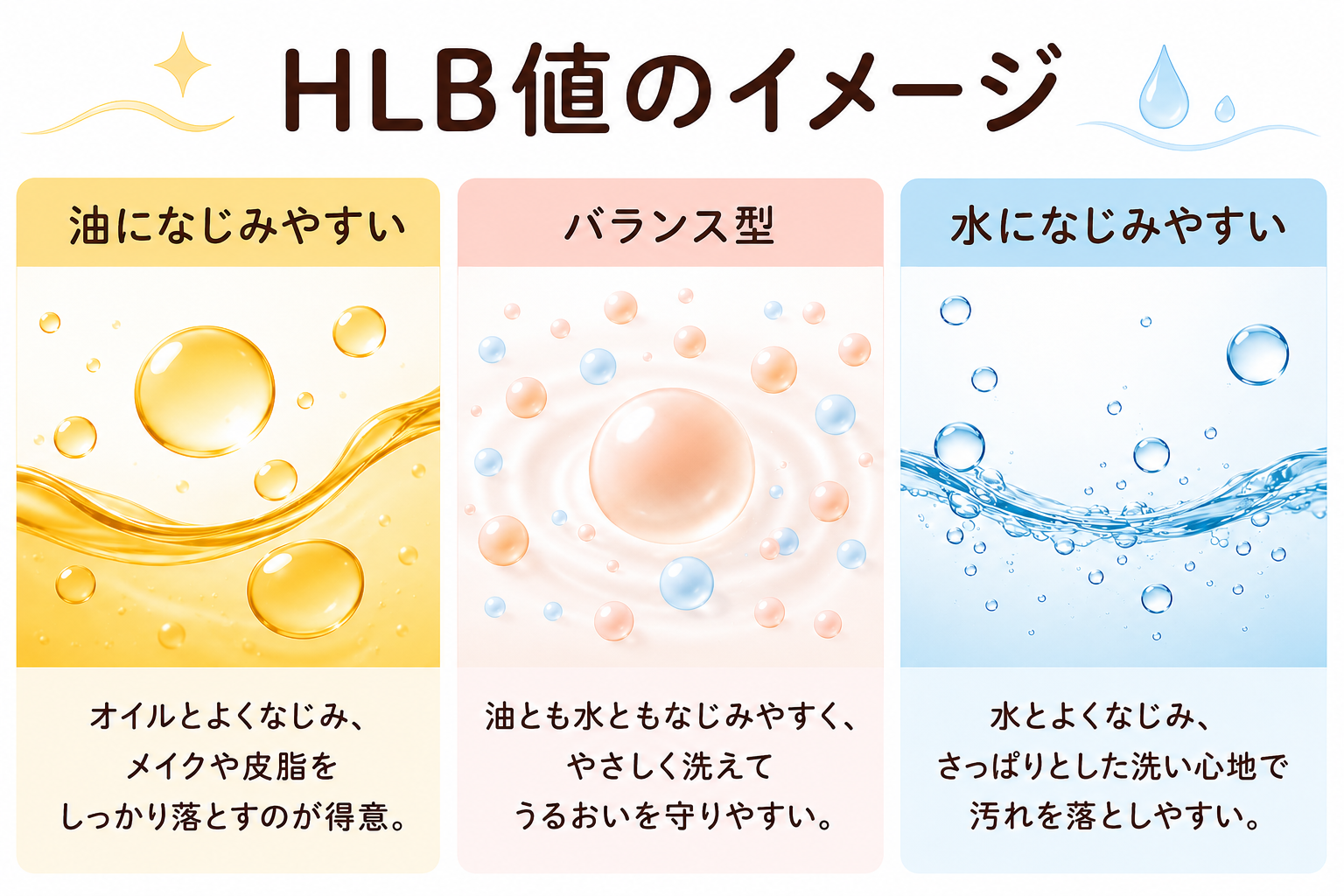 HLB値を親水性と親油性のバランスとして説明する図