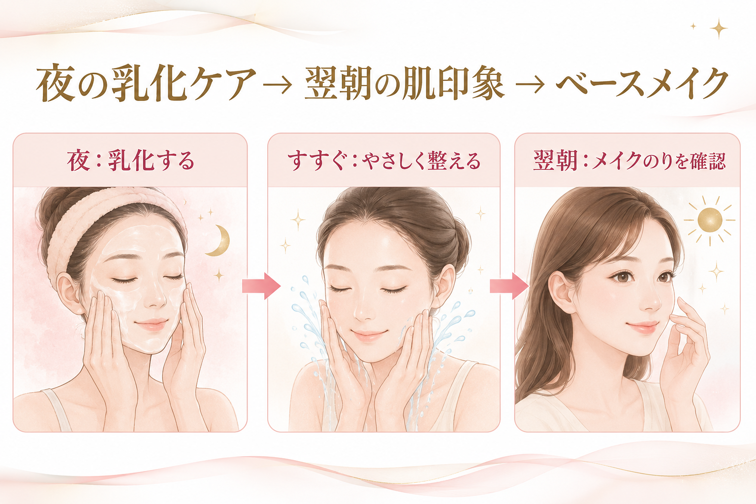 夜のクレンジング乳化から翌朝のメイクのりにつながる流れ図