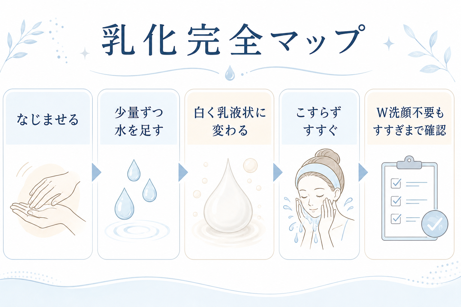 クレンジング乳化の基本手順と水量温度摩擦をまとめた図