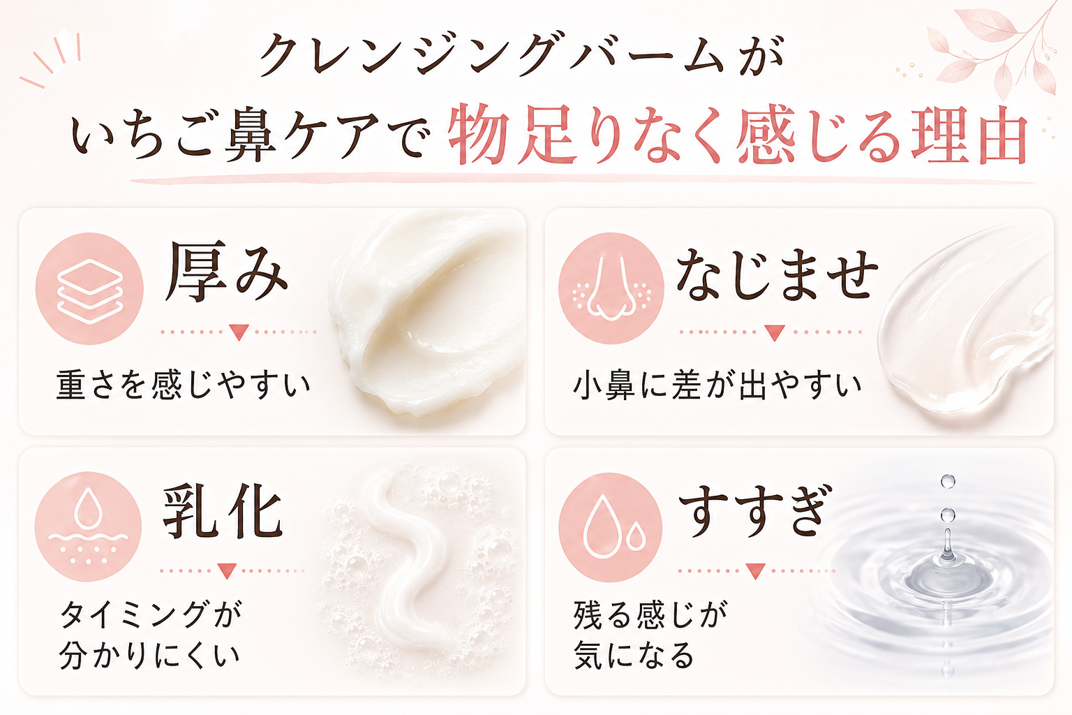 クレンジングバームで落ちないと感じる理由を厚みとなじませと乳化とすすぎで整理する図