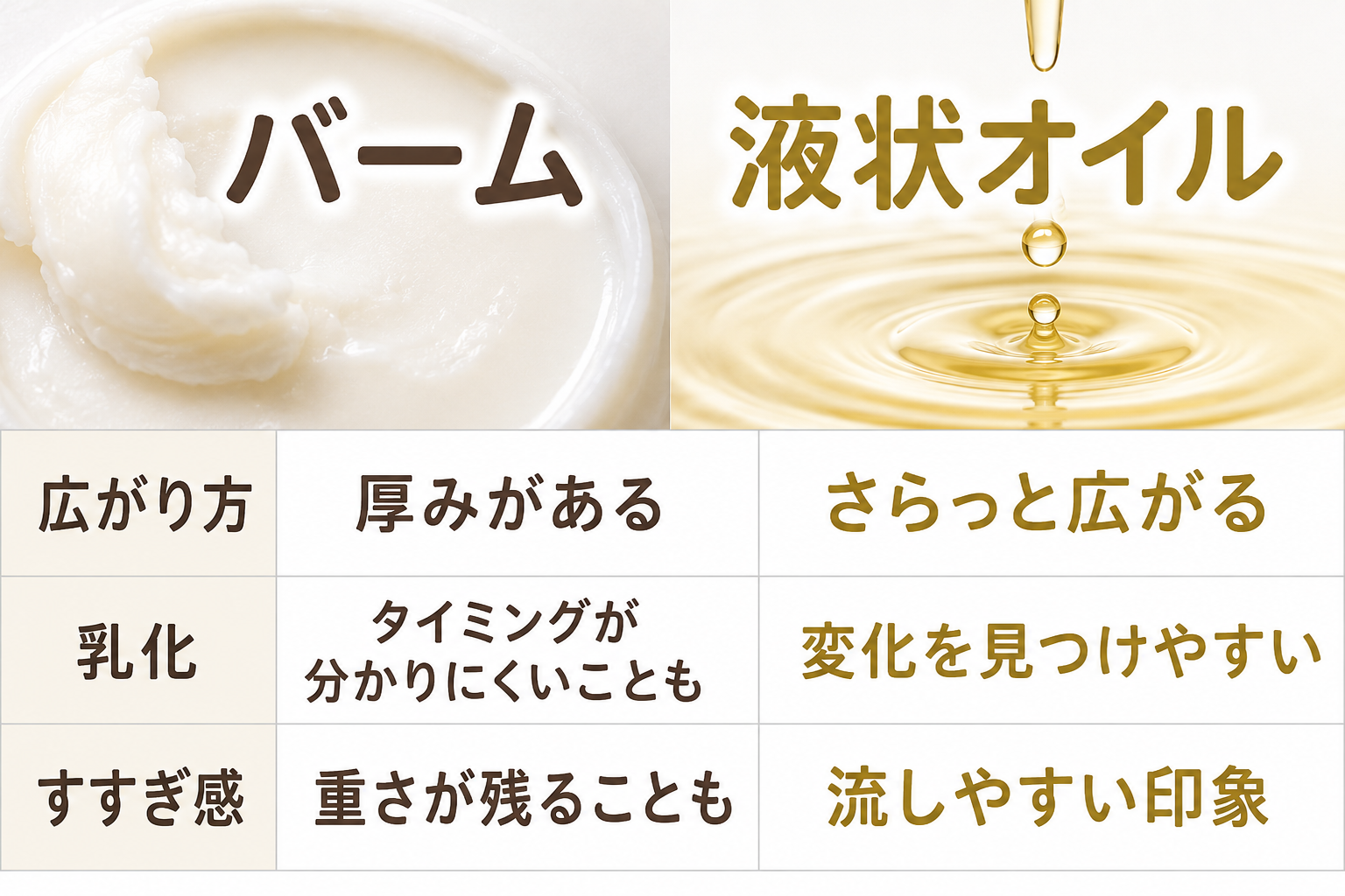 クレンジングバームと液状オイルのなじみ方と乳化とすすぎやすさを比較した図