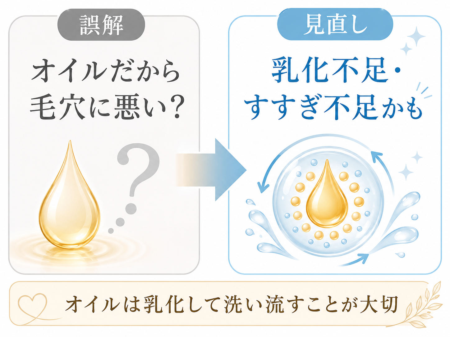 クレンジングオイルが毛穴に詰まるという誤解と乳化不足の関係を説明する図