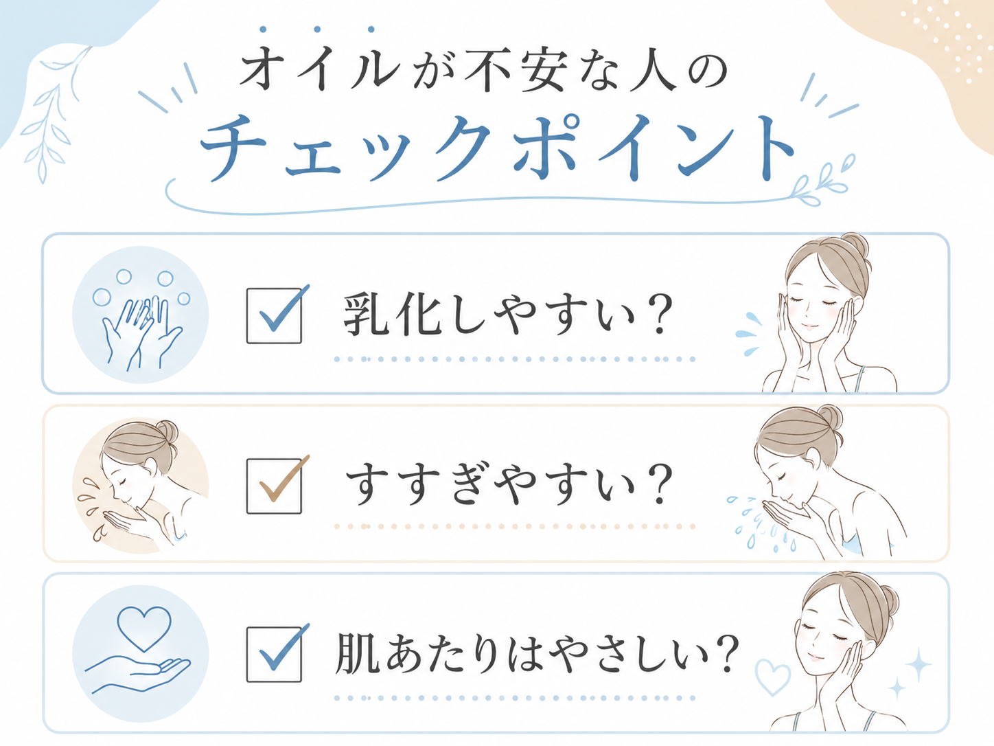 クレンジングオイルが不安な人向けに軽さと乳化の選び方を示すチェック図
