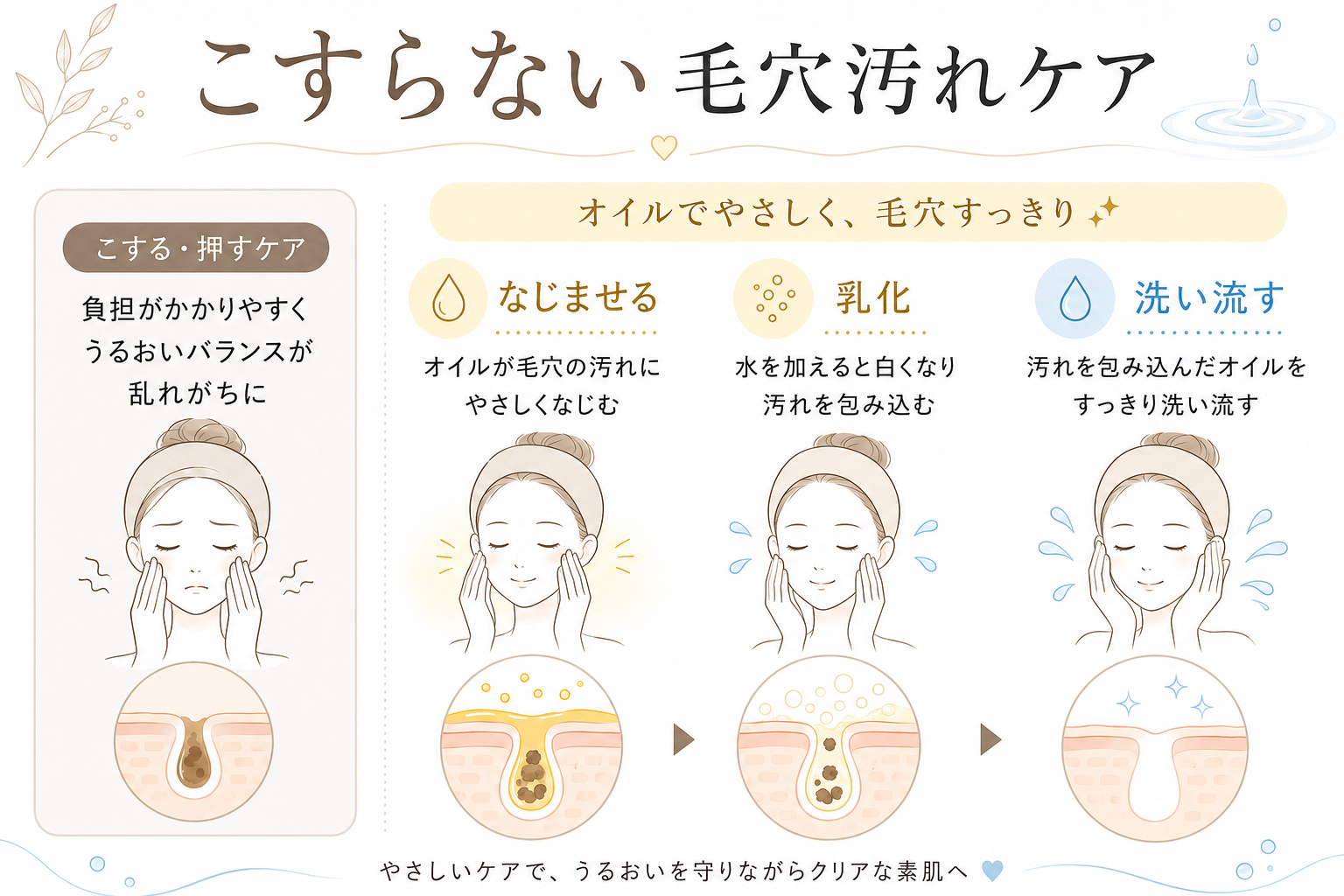 こすり落とすケアとなじませて洗い流すケアの違いを比較した図