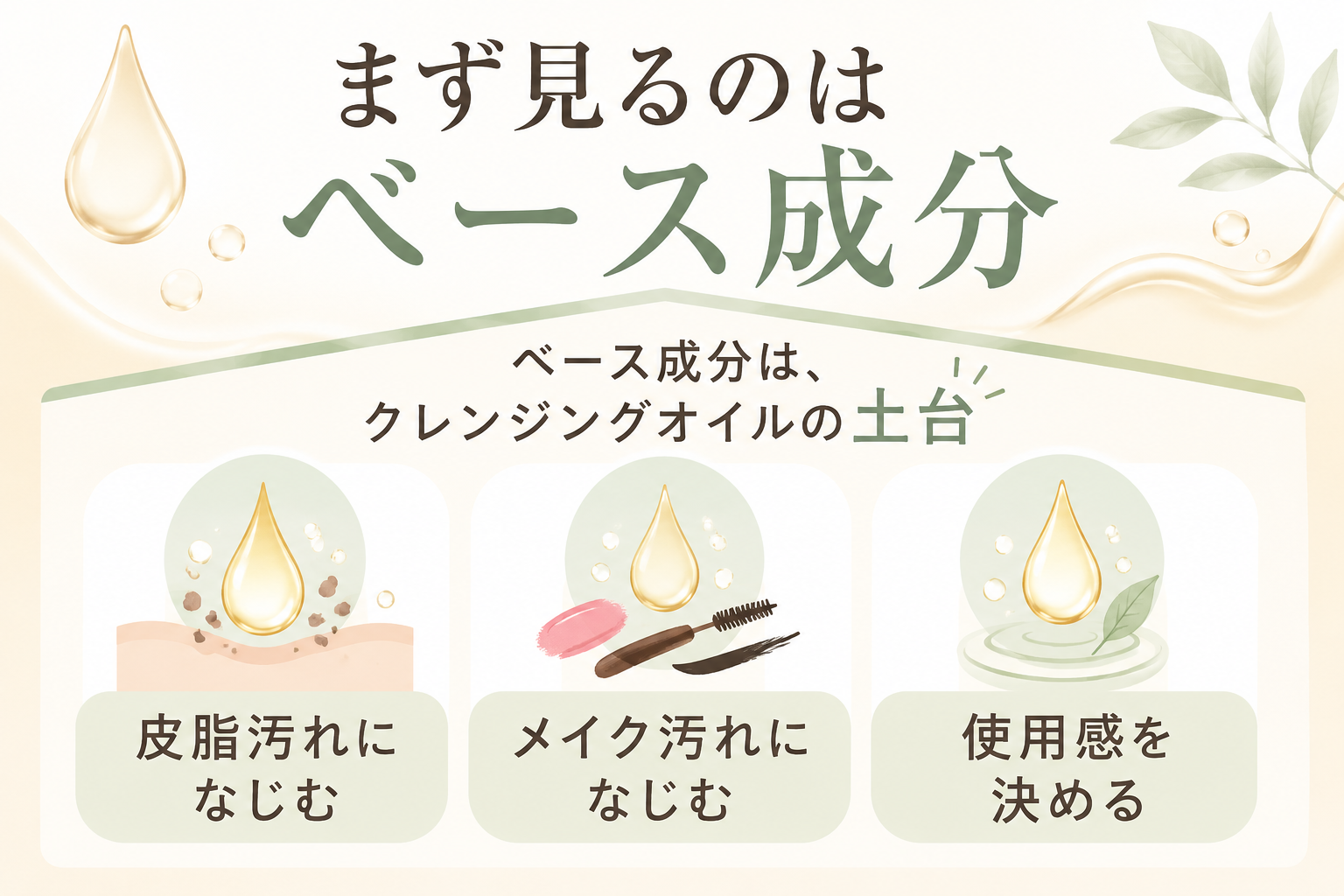 クレンジングオイルのベース成分が皮脂汚れやメイク汚れになじむ役割を示す図