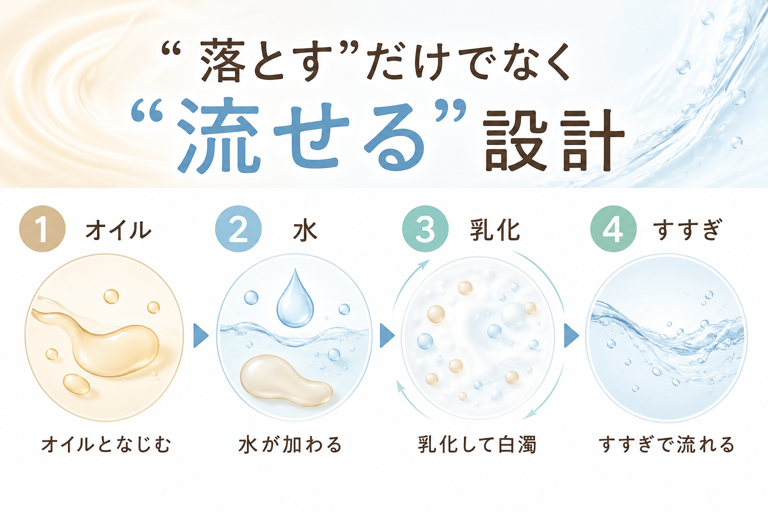 オイルが水と乳化してすすぎやすくなる流れを示す図