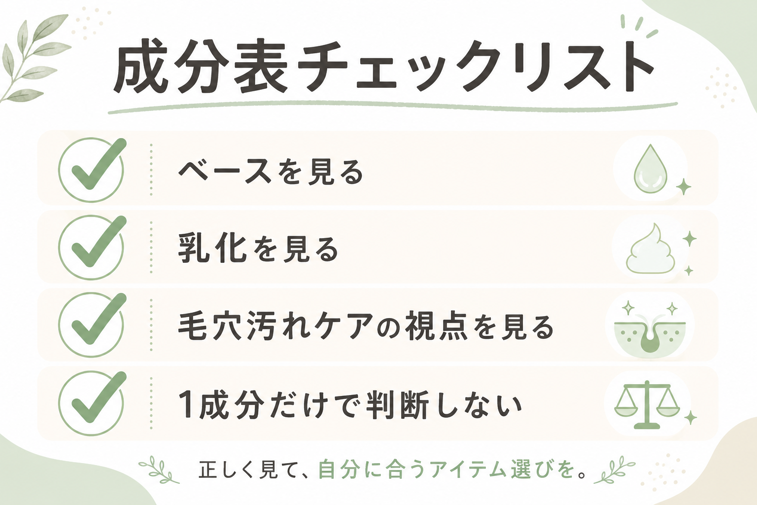 クレンジングオイルの成分表を読むためのチェックリスト図