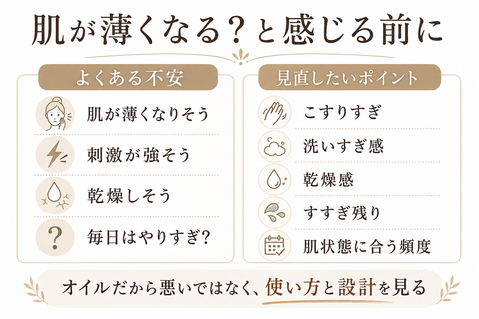 クレンジングオイルで肌が薄くなる不安と見直したい摩擦乾燥感を整理した図
