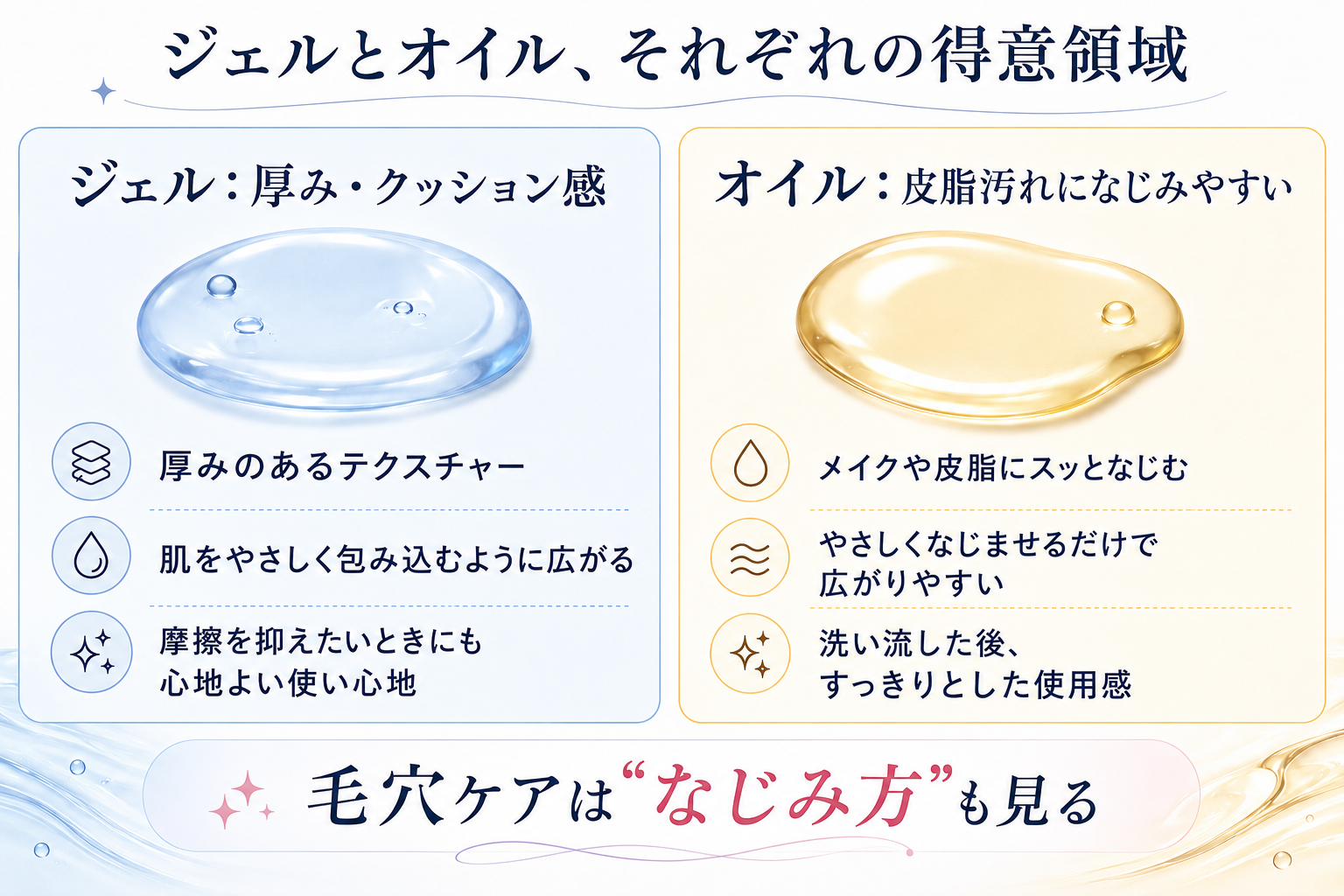 クレンジングジェルとクレンジングオイルの得意な汚れを比較する図
