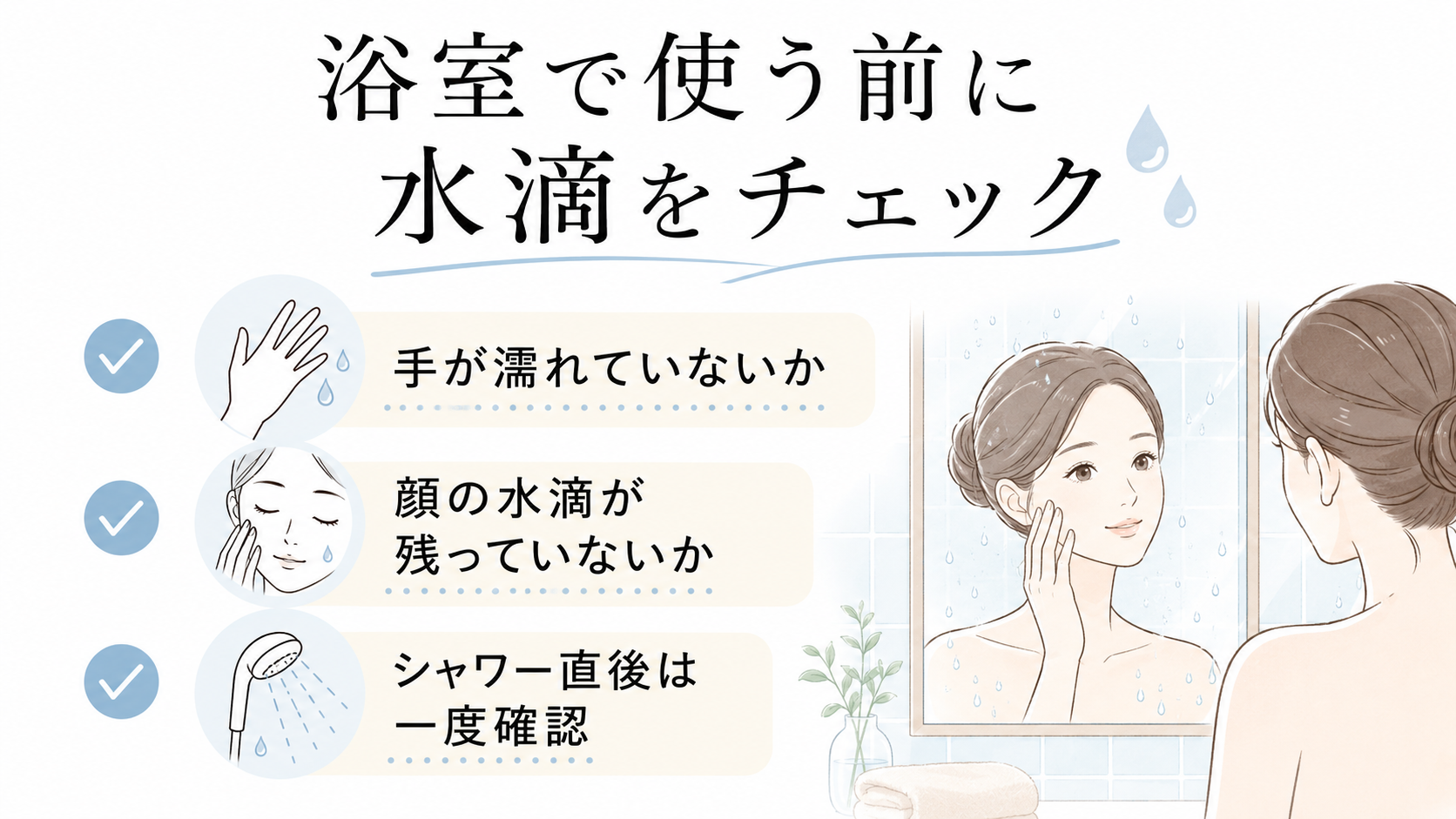 浴室でクレンジングオイルを使うときに手や顔の水滴と湿度を確認する注意図
