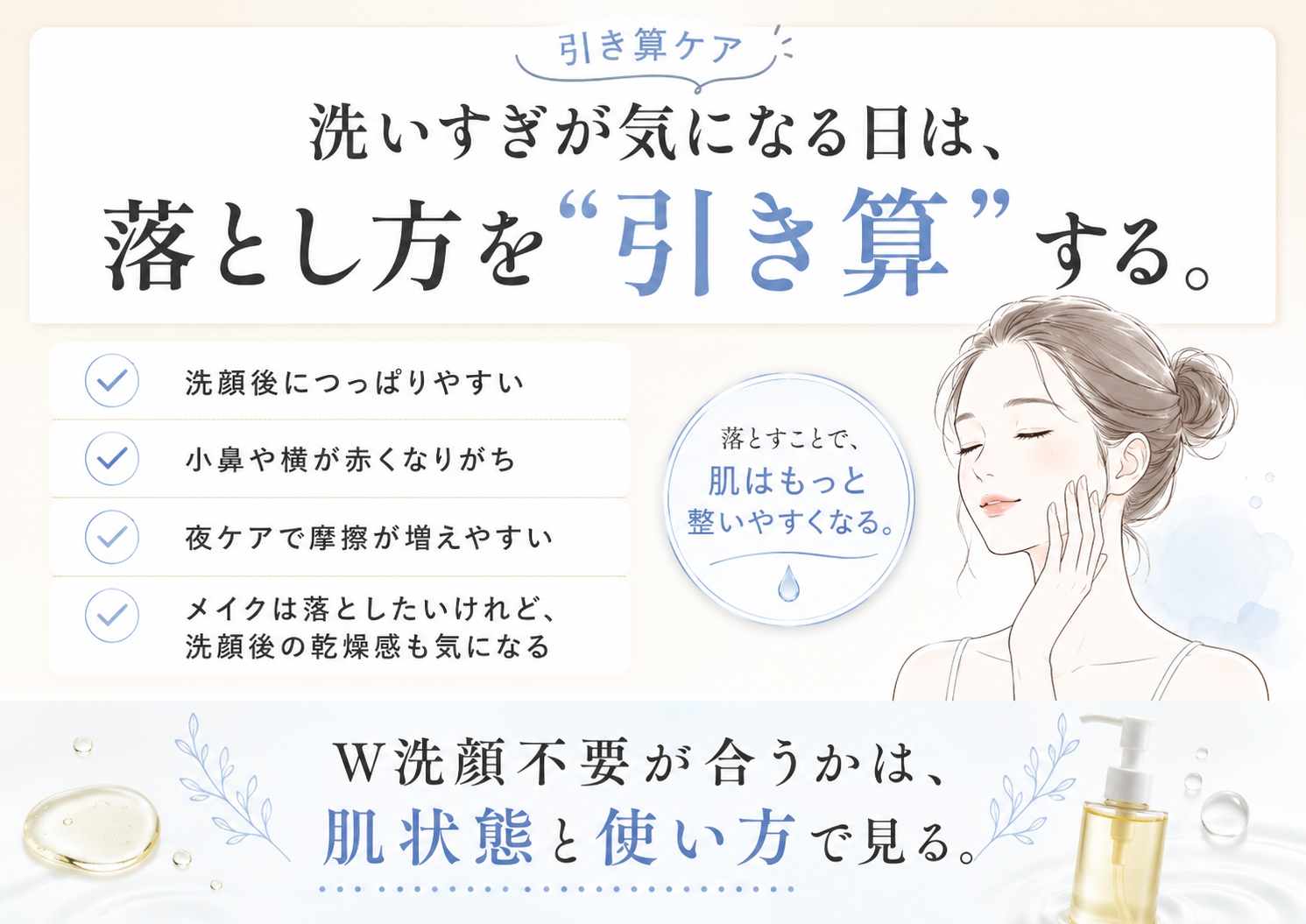 W洗顔不要が合いやすい肌状態と洗いすぎを避ける引き算ケアのチェック図