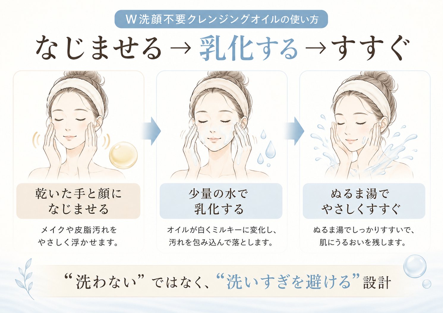 W洗顔不要クレンジングで汚れ残りを防ぐ乳化3ステップ図