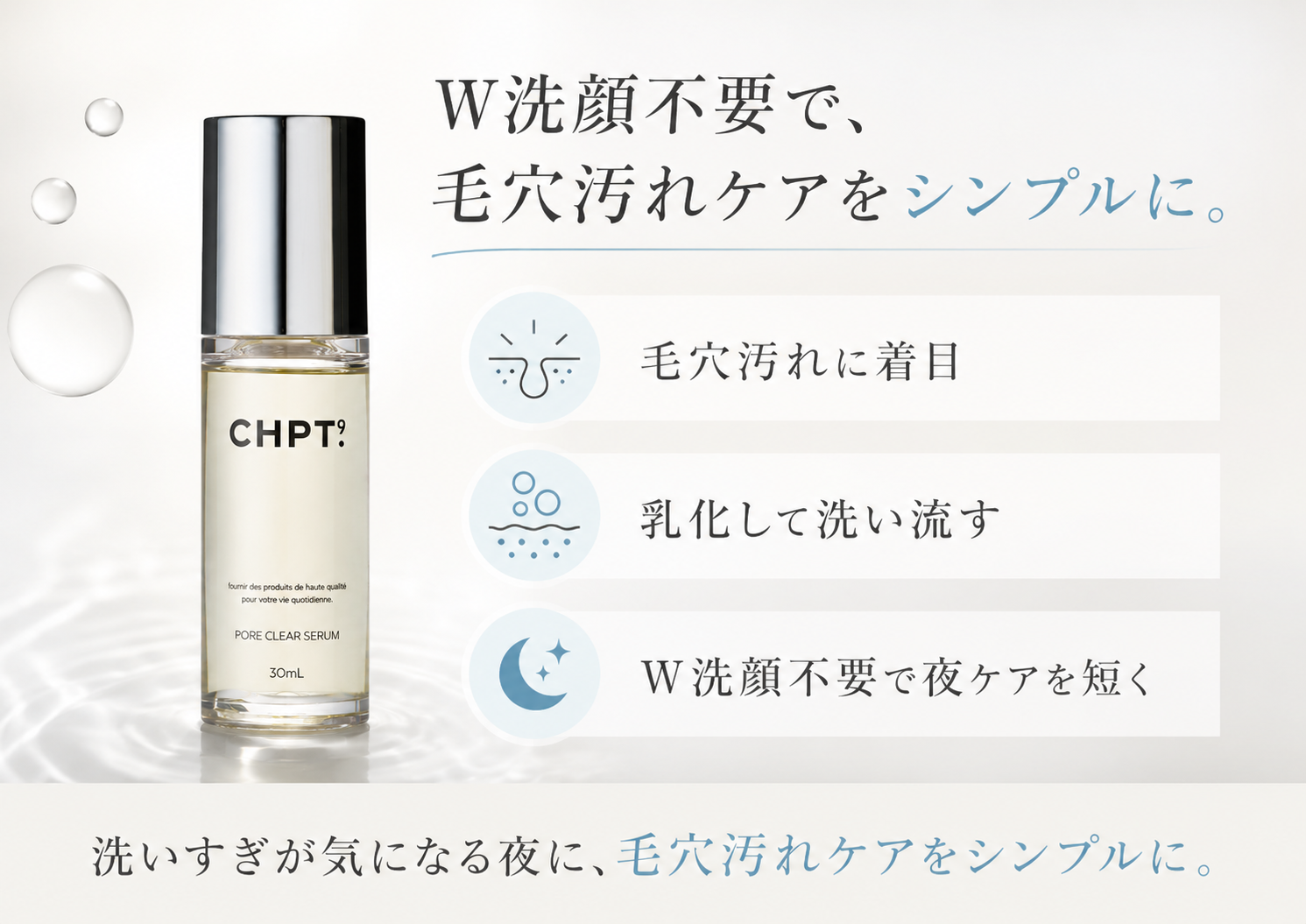 CHPT.9 ポアクリアセラムのW洗顔不要と乳化して洗い流す毛穴ケア設計を説明する図