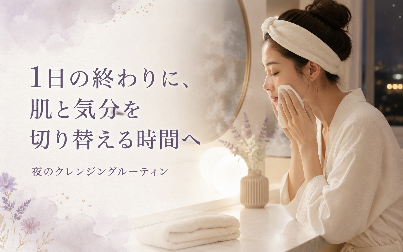 夜の落ち着いたクレンジング時間とスキンケア習慣のイメージ
