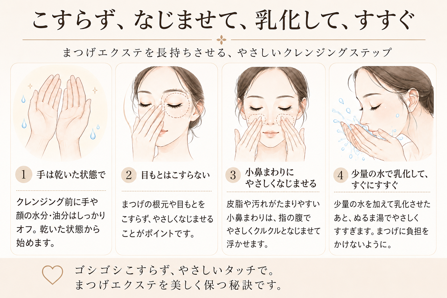 マツエク中のクレンジングで気をつけたい使い方の手順図