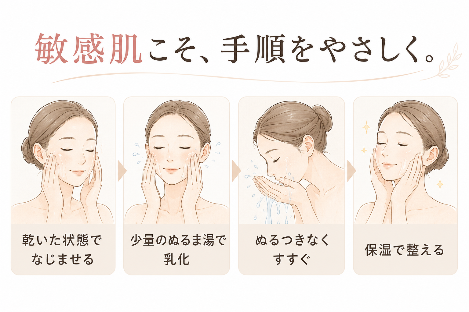 敏感肌向けにクレンジングオイルの使い方を4ステップで説明する図