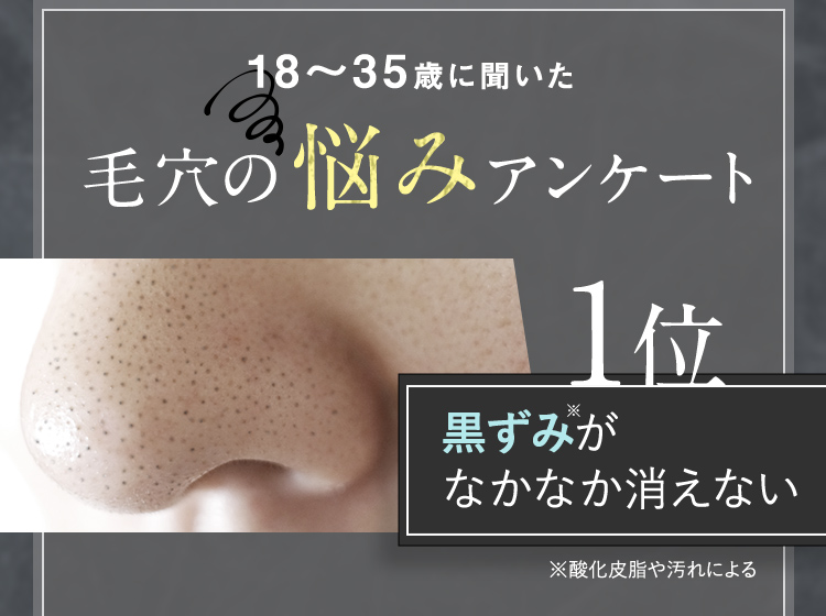 18歳から35歳に聞いた毛穴の悩みアンケート 1位 黒ずみ※がなかなか消えない ※酸化皮脂や汚れによる