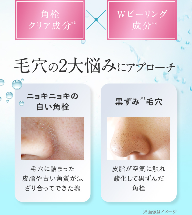 角栓クリア成分※3 Wピーリング成分※4 毛穴の2大悩みにアプローチ ニョキニョキの白い角栓 毛穴に詰まった皮脂や古い角質が混ざり合ってできた塊 黒ずみ*1毛穴 皮脂が空気に触れ酸化して黒ずんだ角栓 ※画像はイメージ