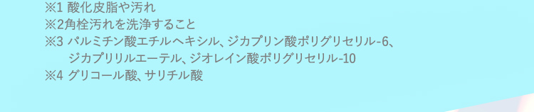 ※1 酸化皮脂や汚れ ※2 角栓汚れを洗浄すること ※3 パルミチン酸エチルヘキシル、ジカプリン酸ポリグリセリル－6、ジカプリリルエーテル、ジオレイン酸ポリグリセリル－10 ※4 グリコール酸、サリチル酸