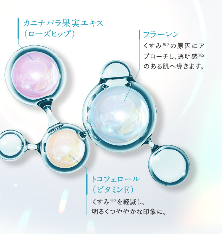 カニナバラ果実エキス(ローズヒップ) フラーレン くすみ※3の原因にアプローチし、透明感※2のある肌へ導きます。 トコフェロール(ビタミンE)くすみ※3を軽減し、明るくつややかな印象に。