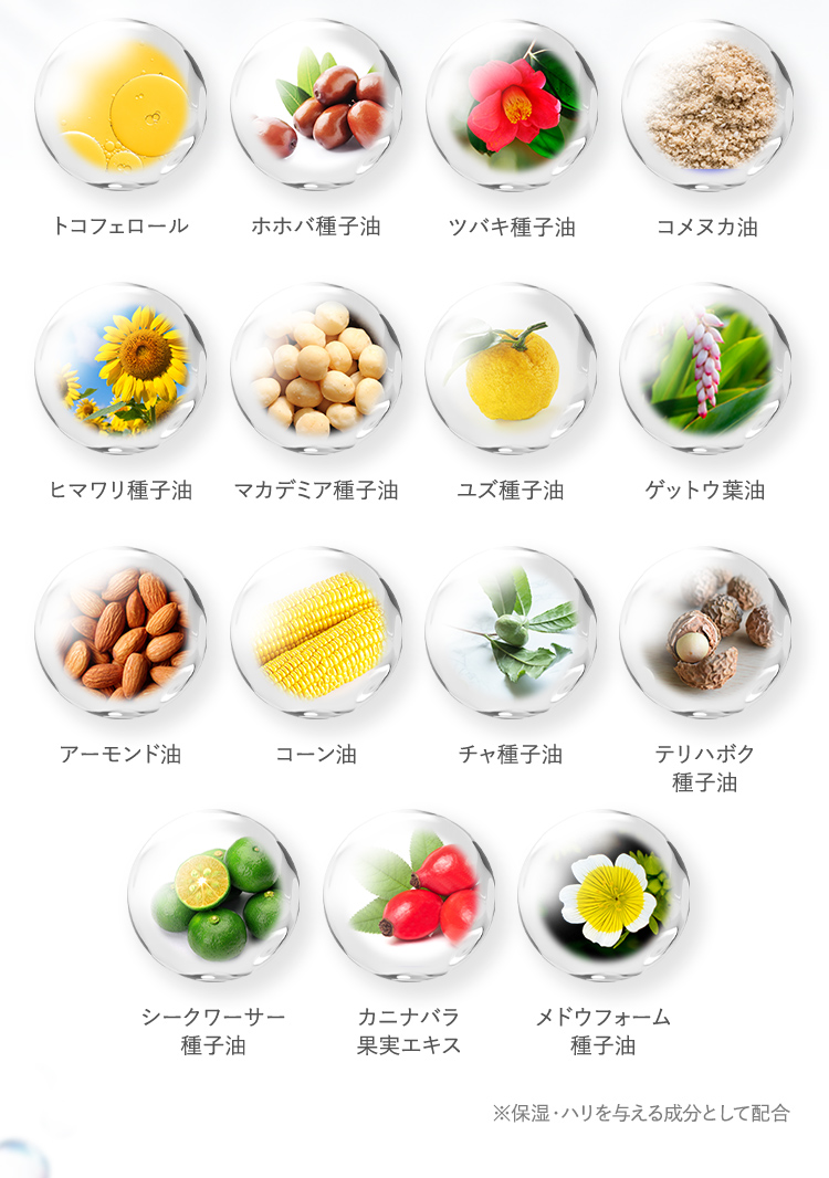 フラーレン スクワラン トコフェロール ホホバ種子油 ツバキ種子油 コメヌカ油 ヒマワリ種子油 マカデミア種子油 ユズ種子油 ゲットウ葉油 アーモンド油 コーン油 チャ種子油 テリハボク種子油 シイクワーサー種子油 カニナバラ果実エキス メドウフォーム種子油 ※保湿・ハリを与える成分として配合