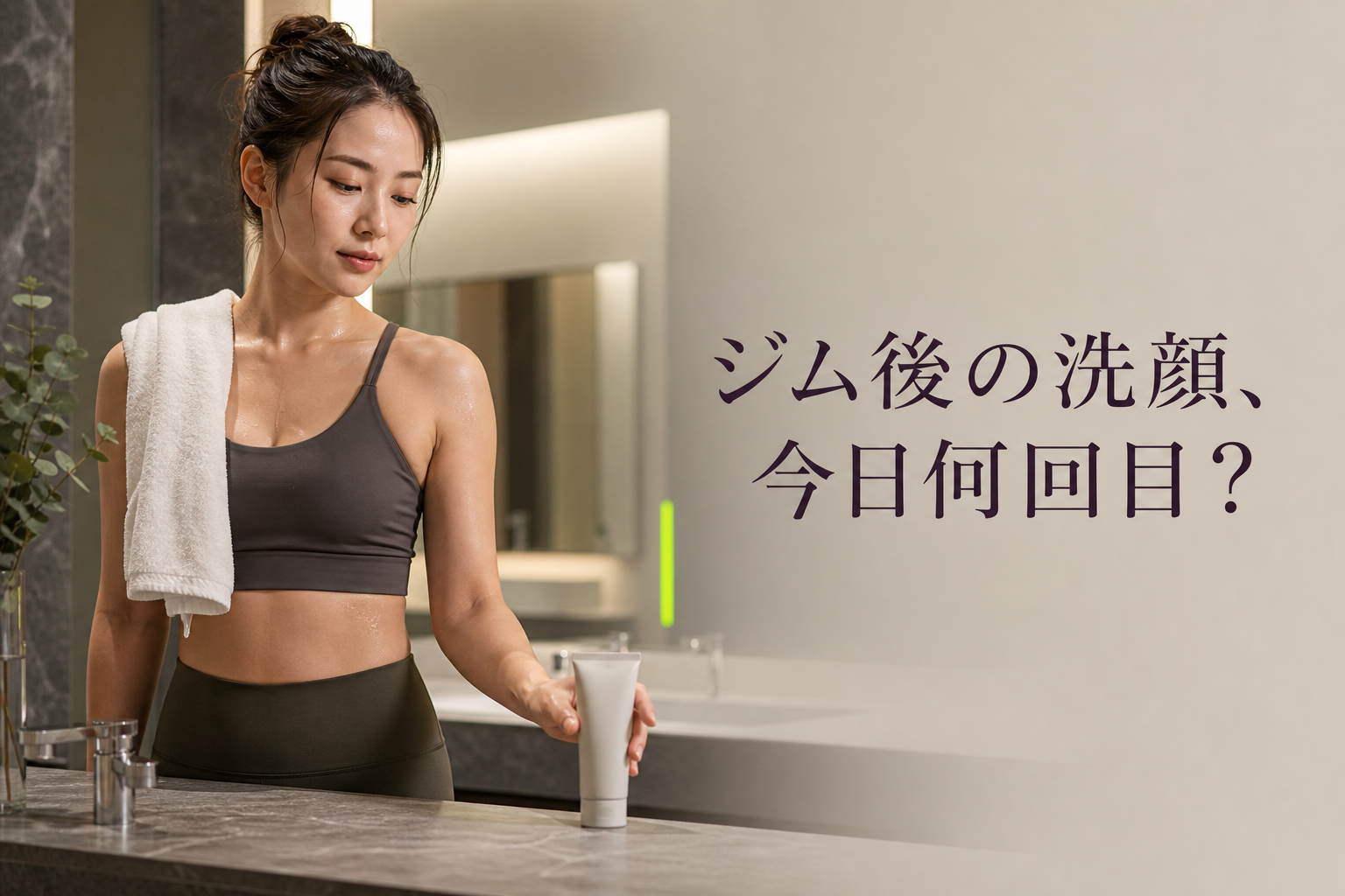 ジムで運動した後、洗顔料を使う前に落とし方を考える女性
