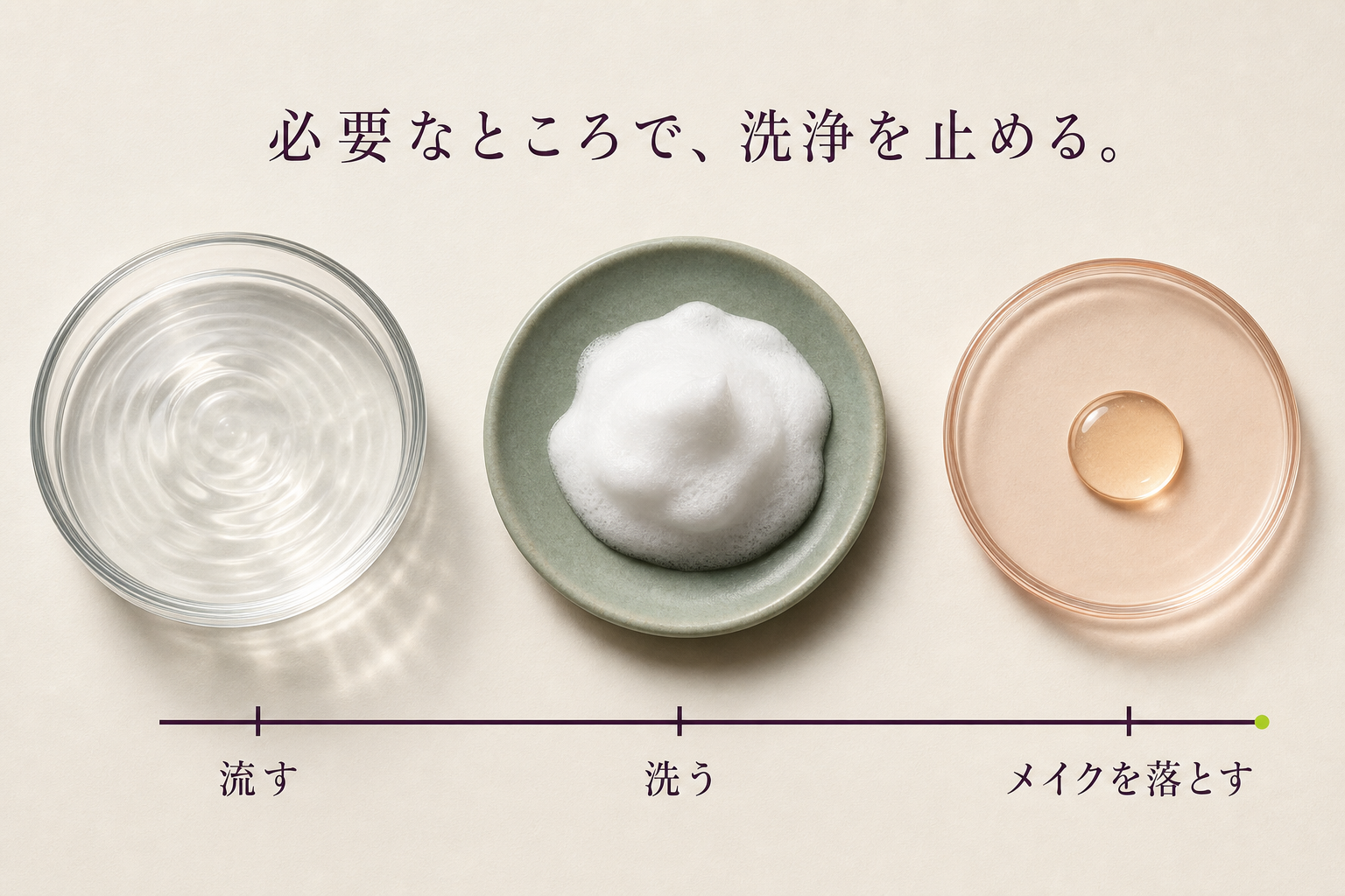ぬるま湯、洗顔料の泡、クレンジングオイルの役割を示す素材図