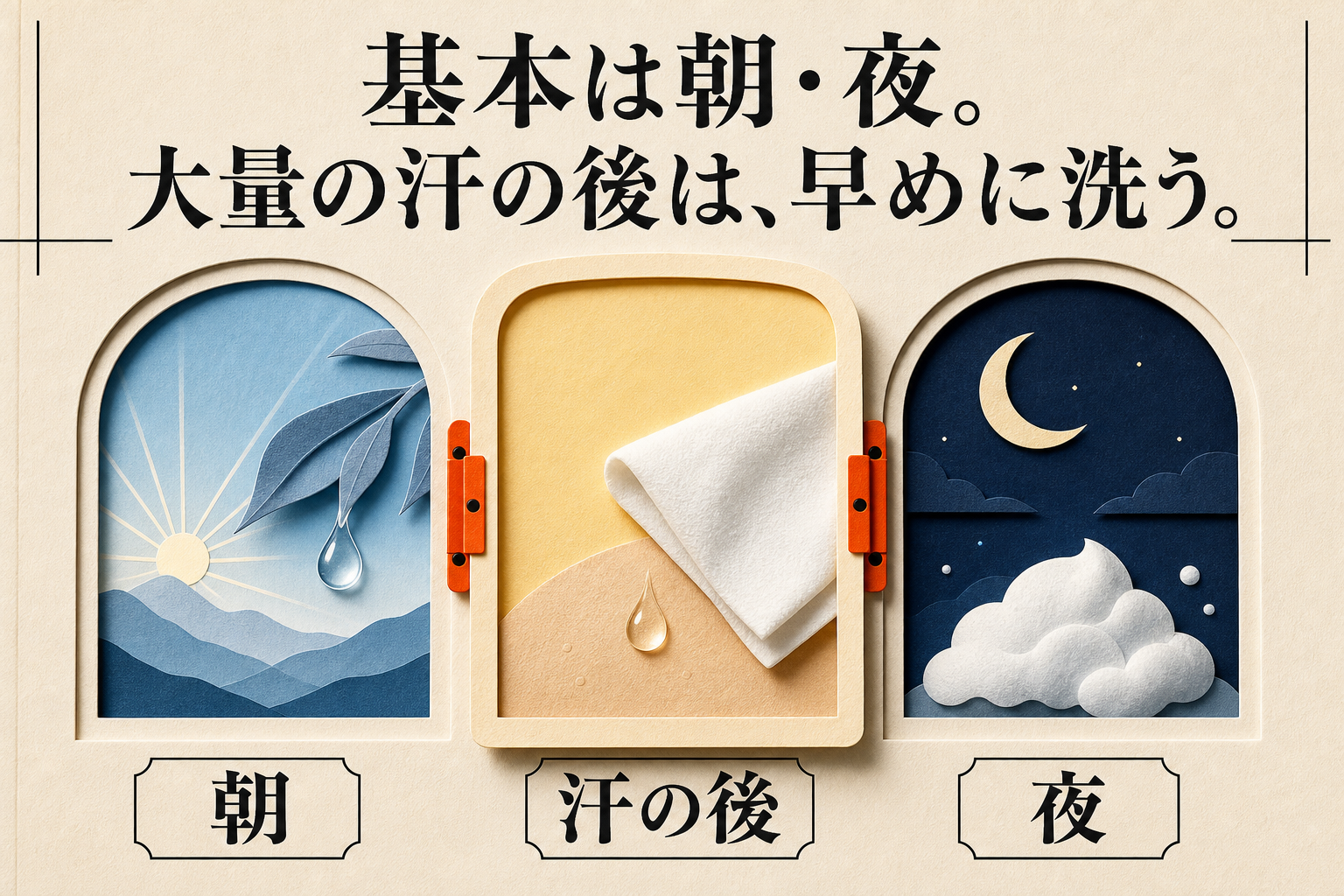 朝、汗の後、夜という洗顔の場面を示した紙の窓