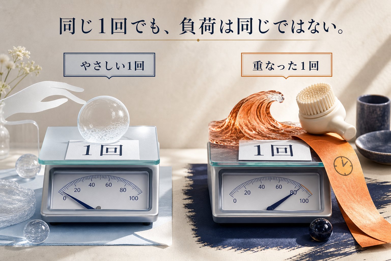 同じ1回でも洗い方によって負荷が異なることを示す比較