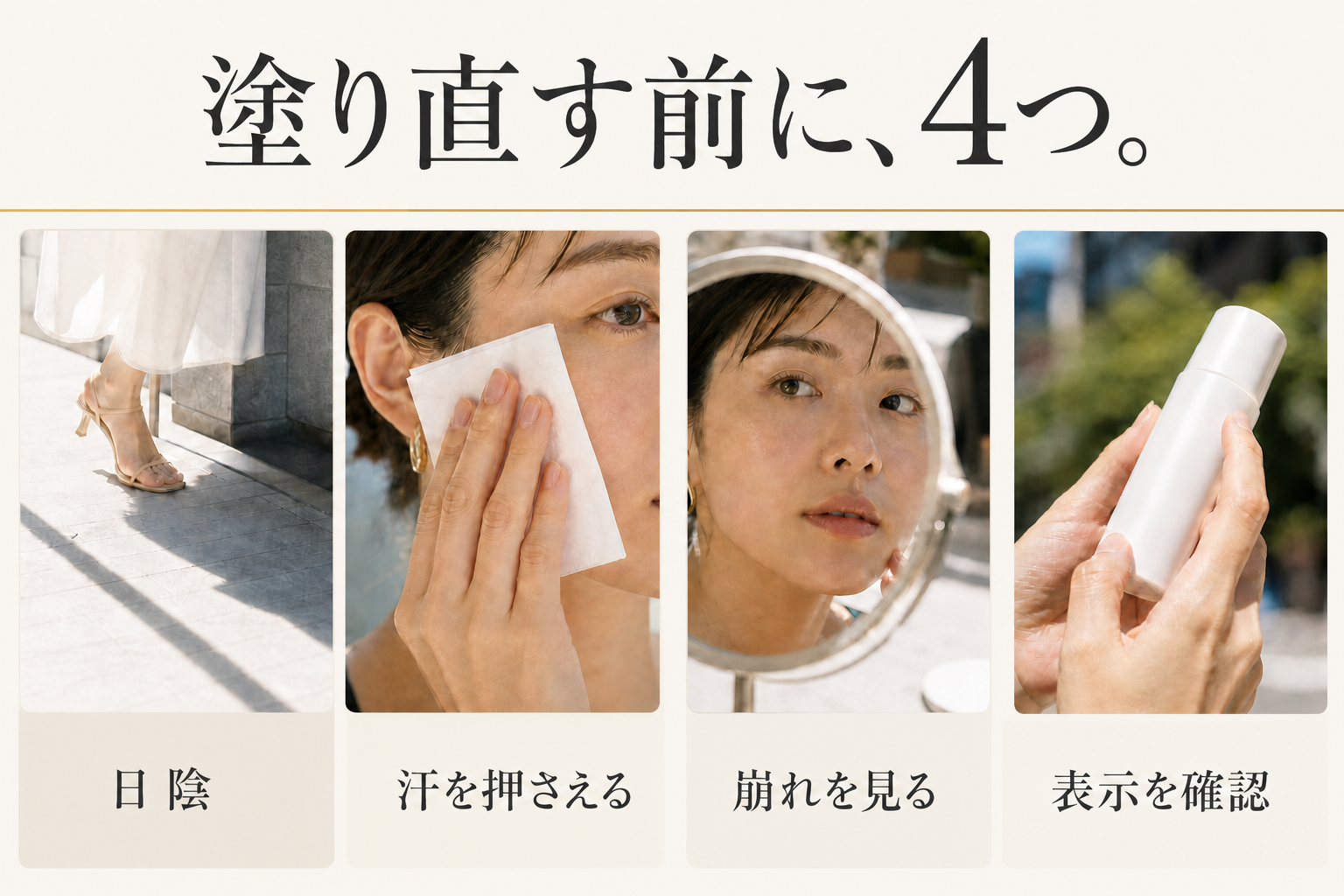 日陰へ移り、汗を押さえ、崩れを見て、表示を確認する4つの動作