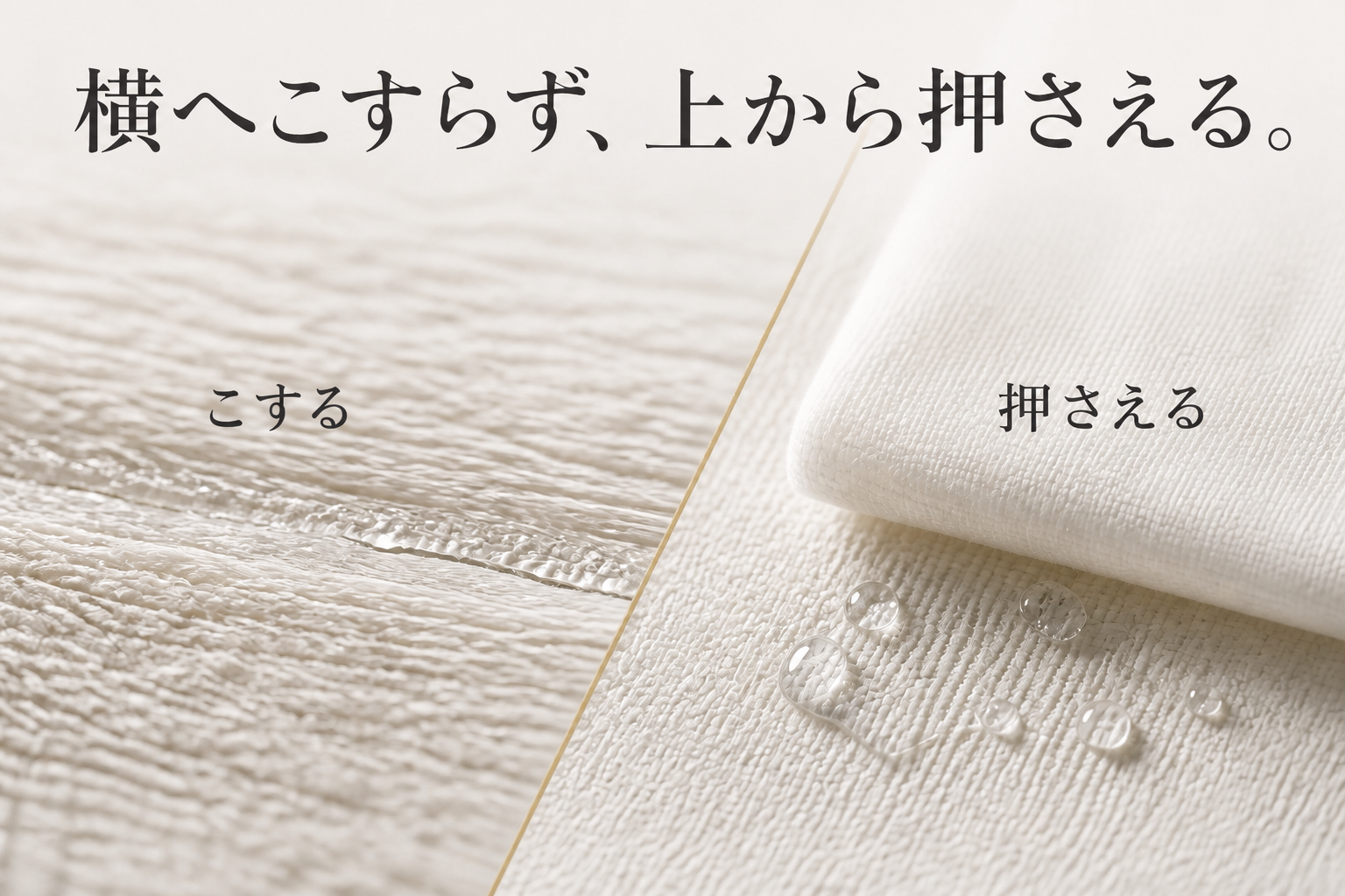 布で横へこする動作と、上から押さえて水滴を吸う動作の比較