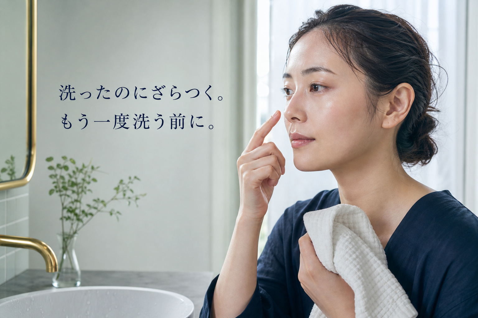 洗顔後、小鼻へ触れる前に指を止める女性