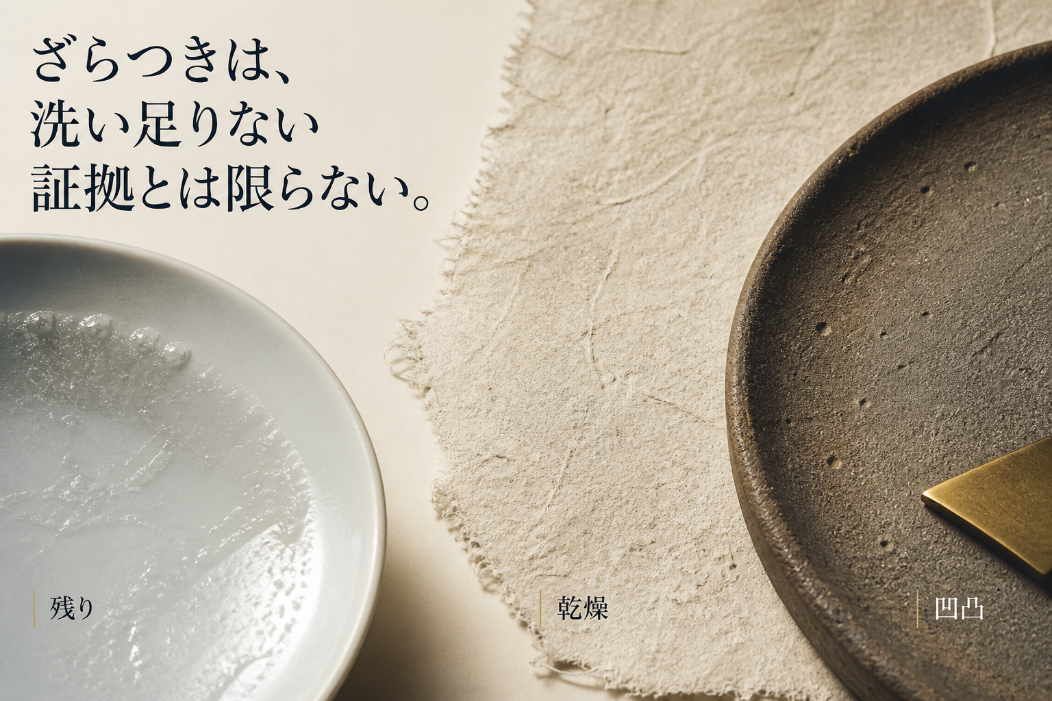 洗浄料の残り、乾燥、もともとの凹凸を異なる素材で示す比較