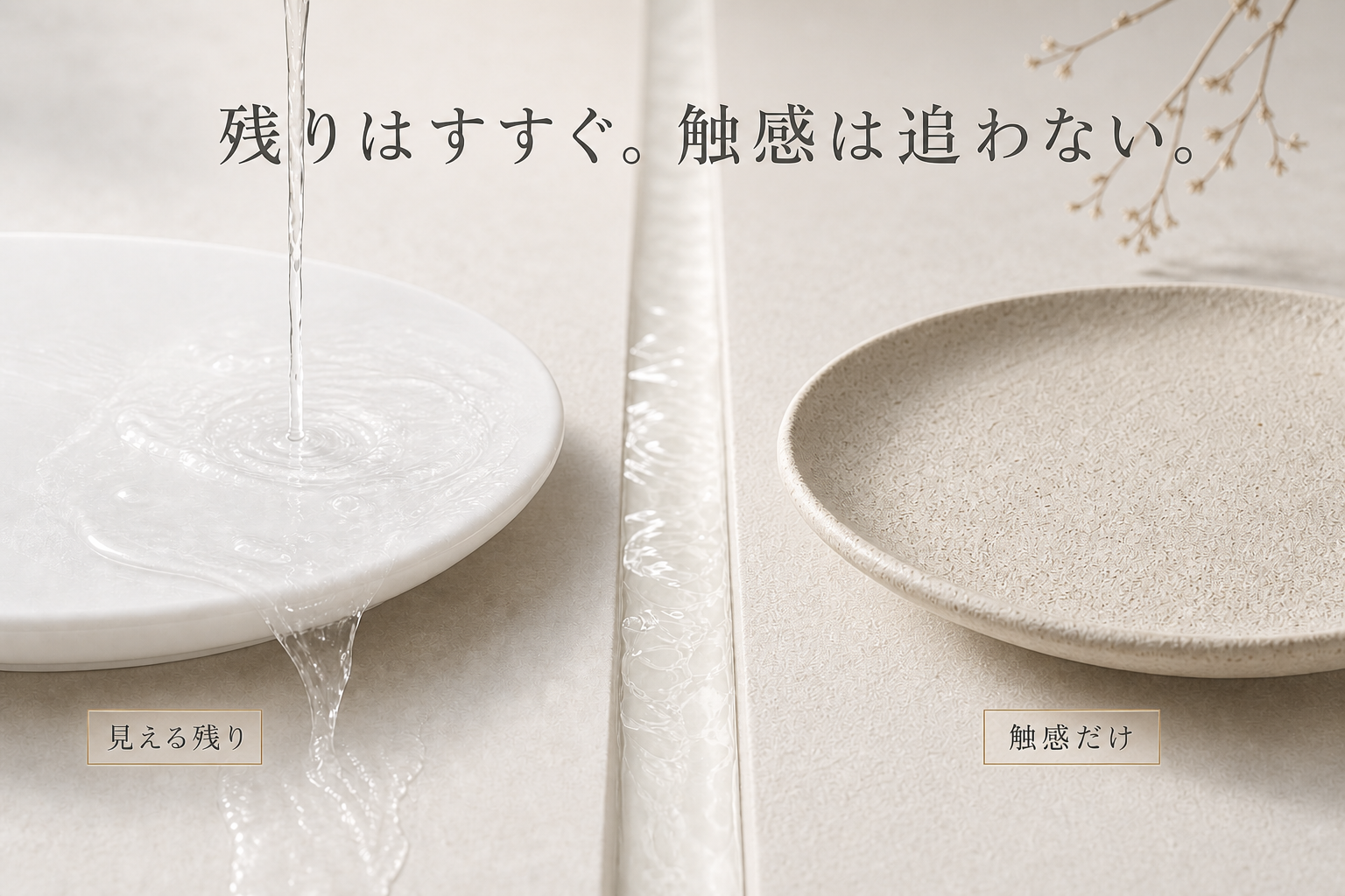 洗浄料の膜が残る面と、乾いた素材の凹凸を比べる静物