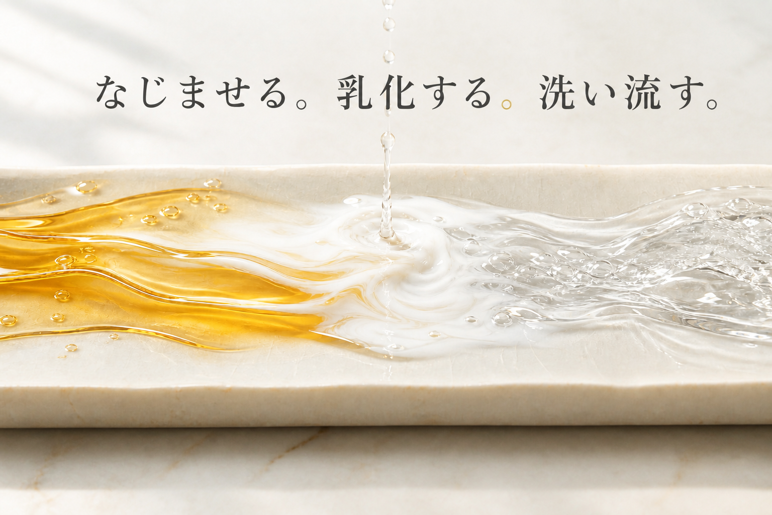 オイルが汚れになじみ、少量の水で乳化して洗い流される流れ
