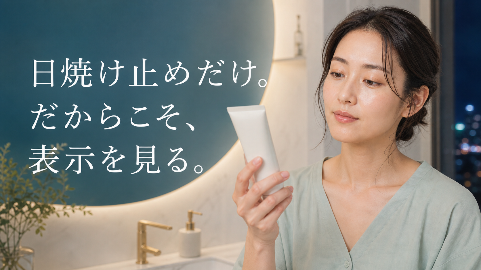 日焼け止めだけで過ごした夜に容器の表示を確認する女性