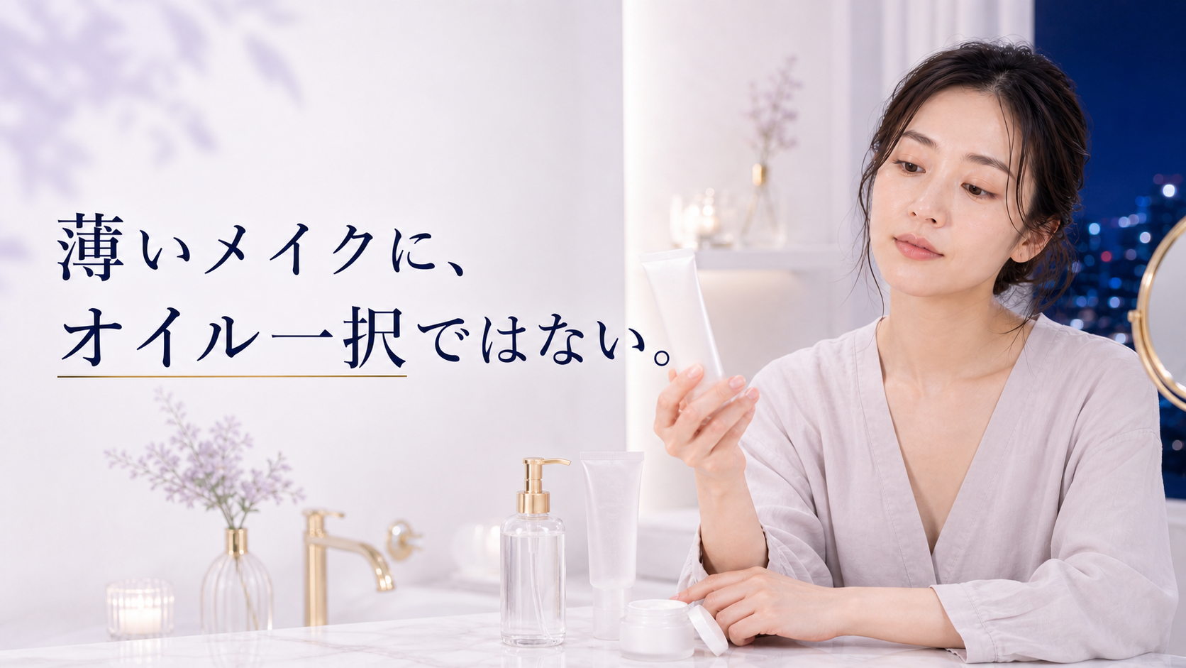 下地とパウダーだけの日に洗面台で落とし方を確認する女性