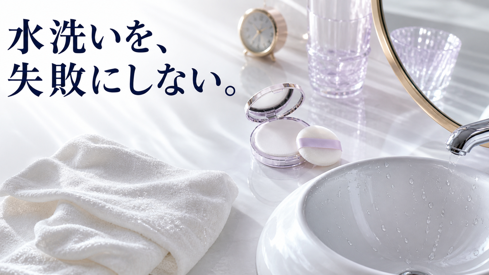 水洗いを終えた朝の洗面台とタオルとメイク用パフ