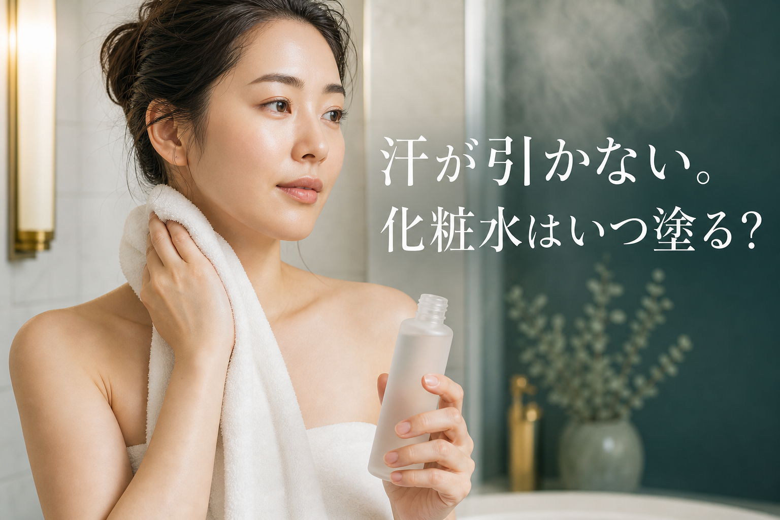 お風呂上がりに首元の汗を押さえ化粧水のタイミングを考える女性