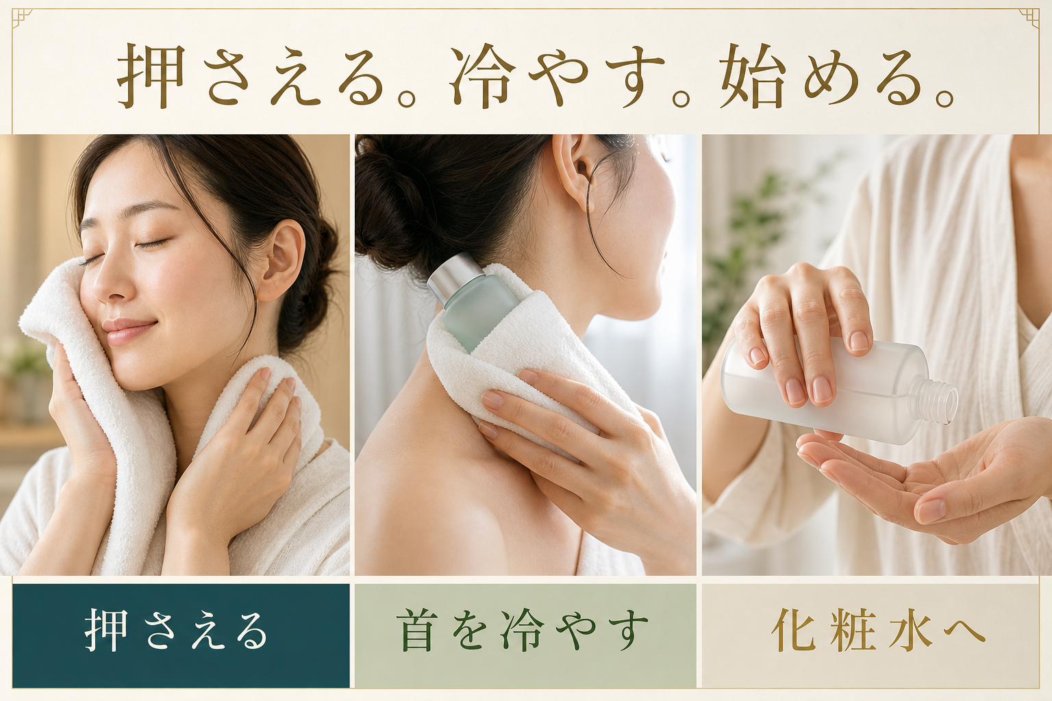 汗を押さえ首を冷やして化粧水へ進む3ステップ
