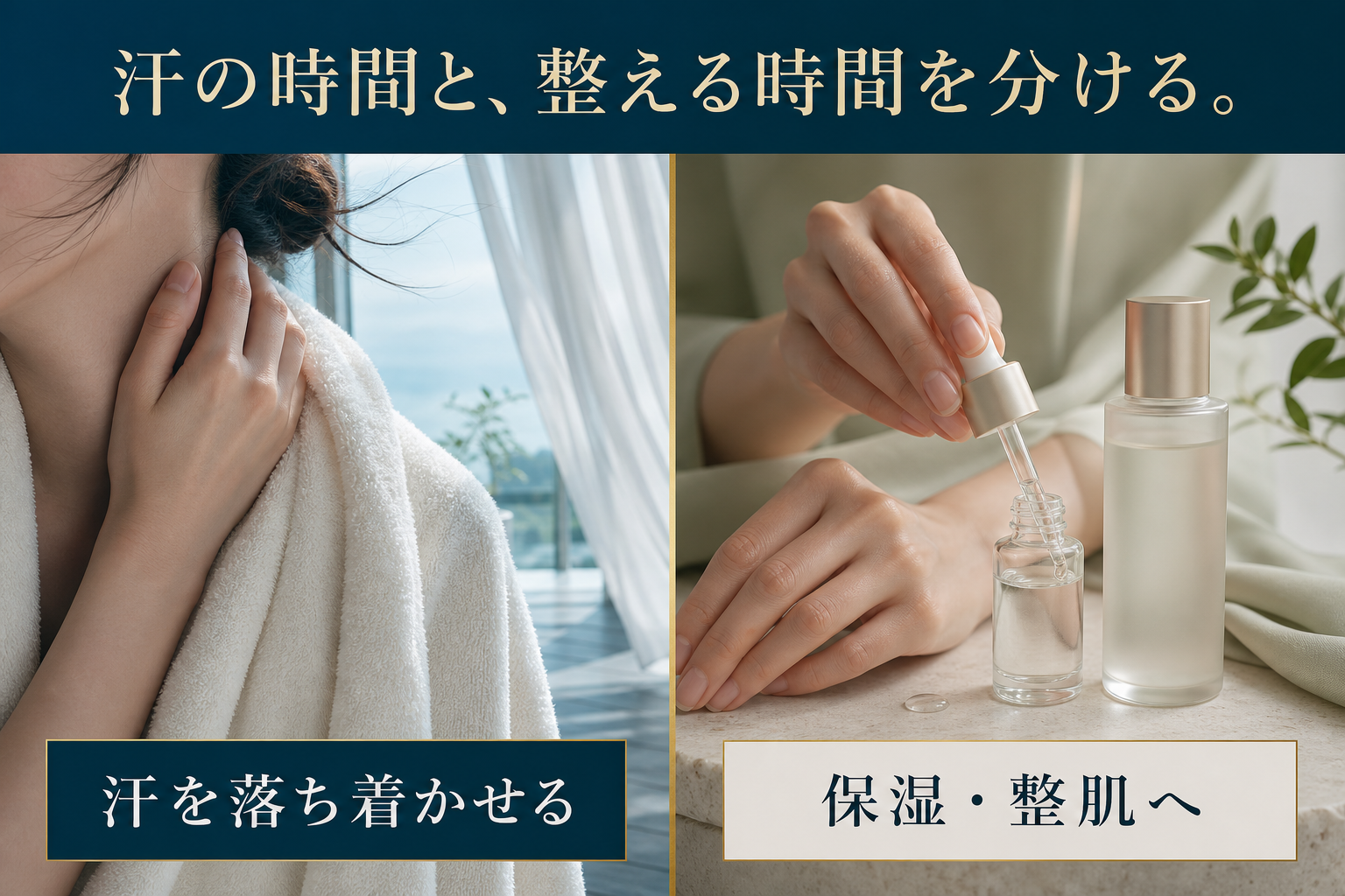 汗を落ち着かせる時間と保湿整肌ケアの時間を分ける図