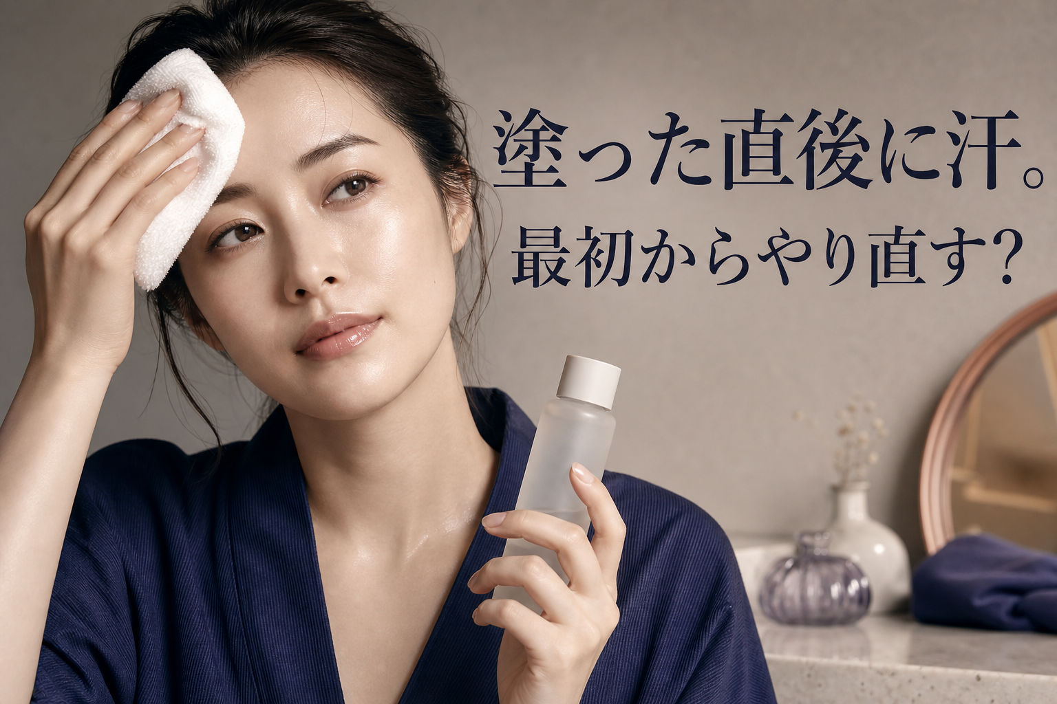 化粧水を塗った直後に額の汗を押さえやり直すか考える女性
