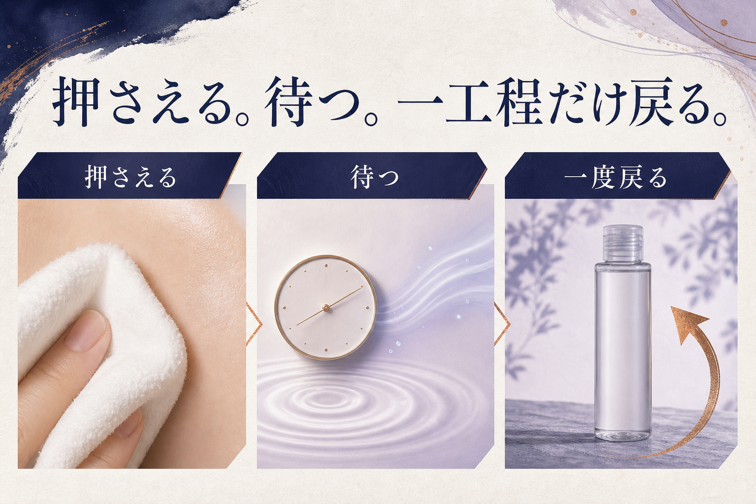 汗を押さえ落ち着かせ必要な場合だけ化粧水へ戻る3ステップ