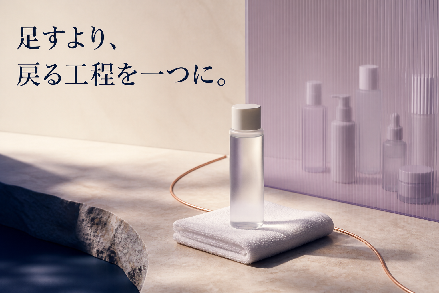 再洗顔や重ねすぎを避けタオルと化粧水だけを残す静物