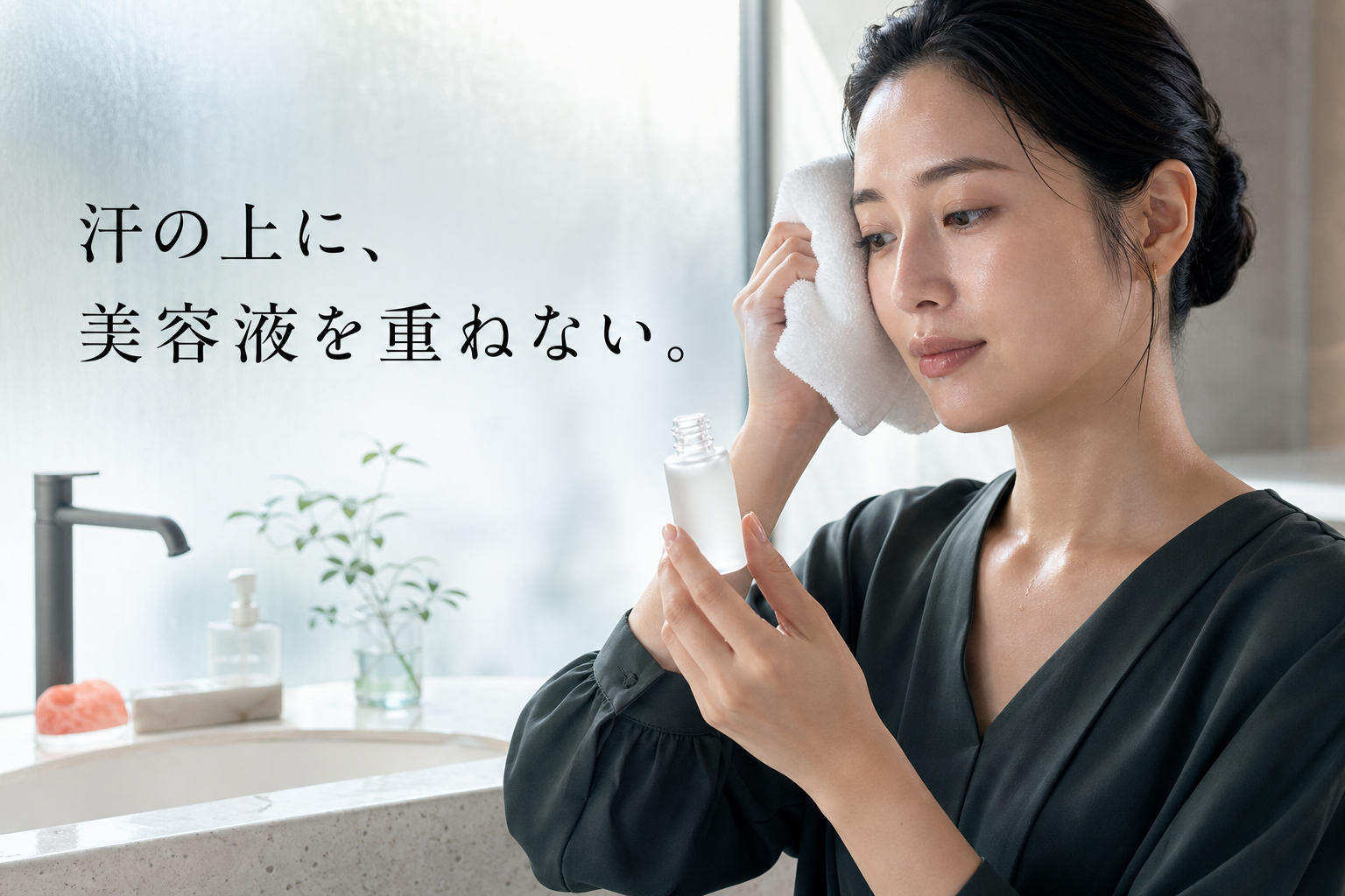 汗を押さえ美容液を今塗るか考える女性