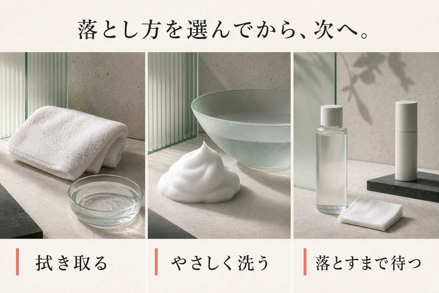 汗を拭き取る、洗う、落とせるまで待つを分ける場面別の静物