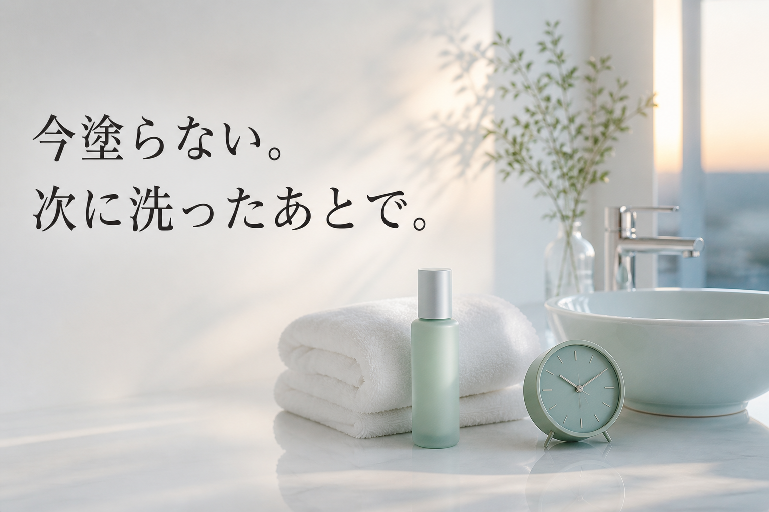 今は美容液を塗らず次に洗った後へ回すことを示す静物