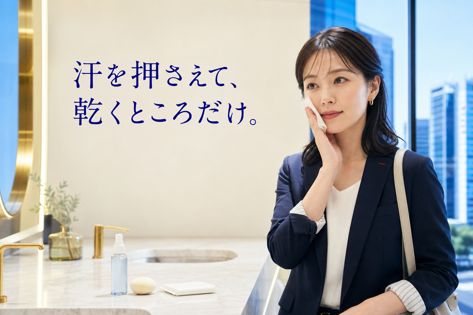 会社到着後にティッシュで頬の汗を押さえる女性
