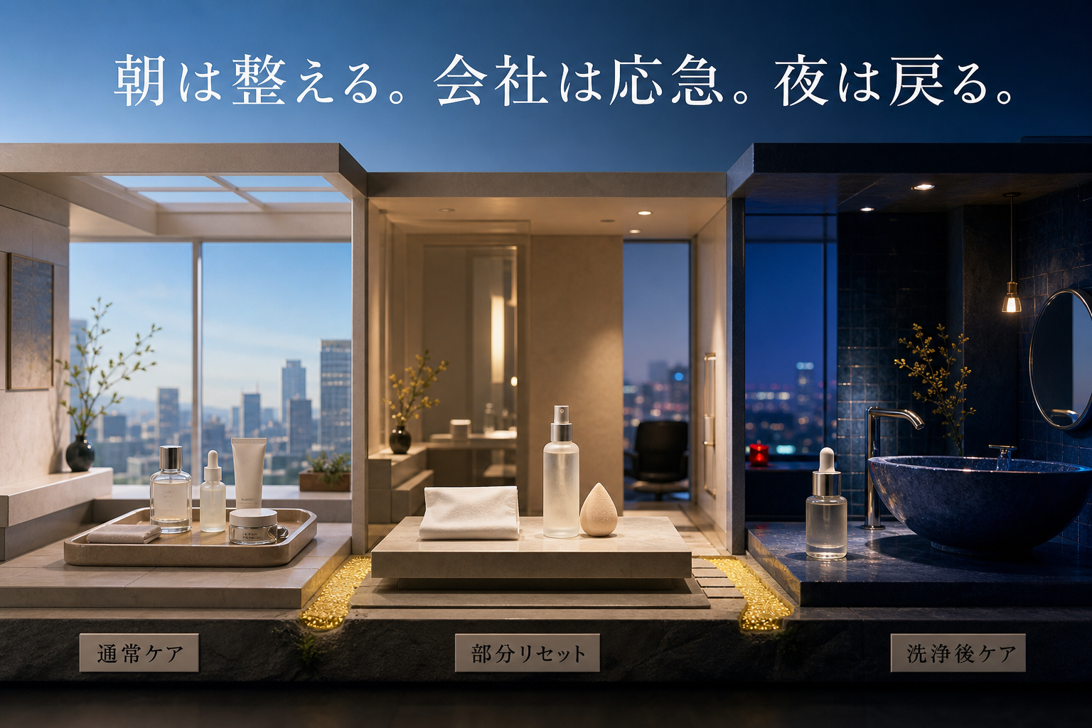 朝と会社と夜のスキンケアの役割を分ける一日の図